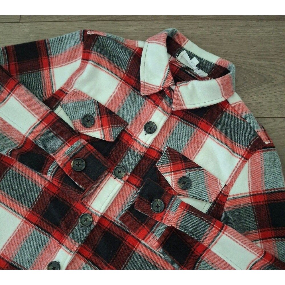 BB Dakota By Steve Madden Womens Button Down Boxy Shacket XS Red Plaid Holiday